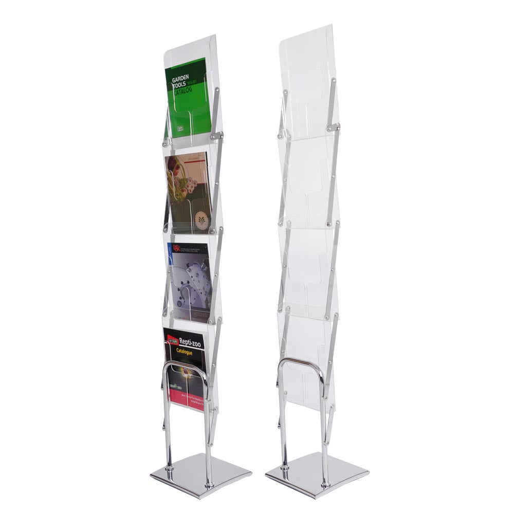 Magazine Rack Floor Stand 4-Pocket Acrylic+Metal