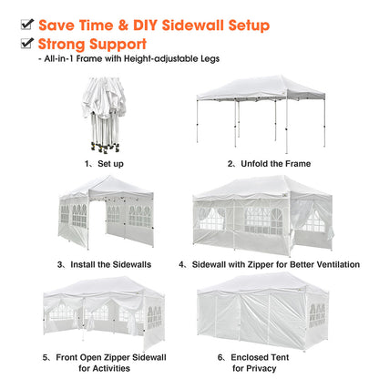 10x20ft Pop Up Canopy Tent with Sidewalls Waterproof White White