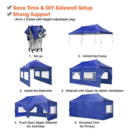 10x20ft Pop Up Canopy Tent with Sidewalls Waterproof Blue Blue