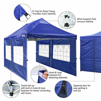 10x20ft Pop Up Canopy Tent with Sidewalls Waterproof Blue Blue