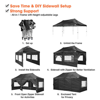 10x20ft Pop Up Canopy Tent with Sidewalls Waterproof Black Black
