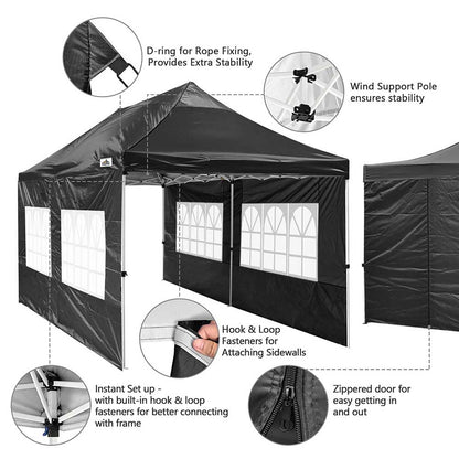10x20ft Pop Up Canopy Tent with Sidewalls Waterproof Black Black