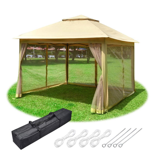 11x11ft Patio Canopy with Screen Steel Frame Beige