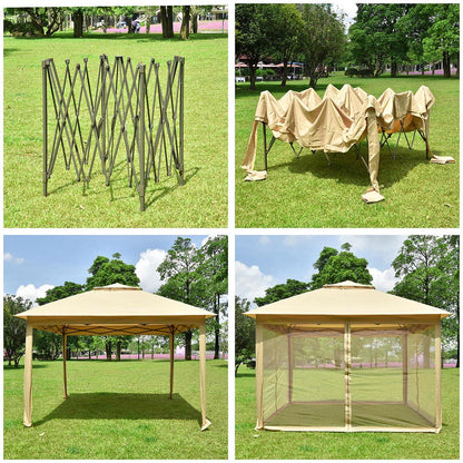 11x11ft Patio Canopy with Screen Steel Frame Beige