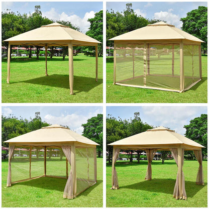 11x11ft Patio Canopy with Screen Steel Frame Beige