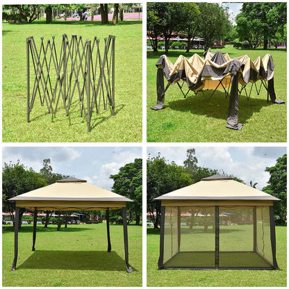 11X11ft Pop Up Screened Canopy Tent for Camping Patio Beige Brown