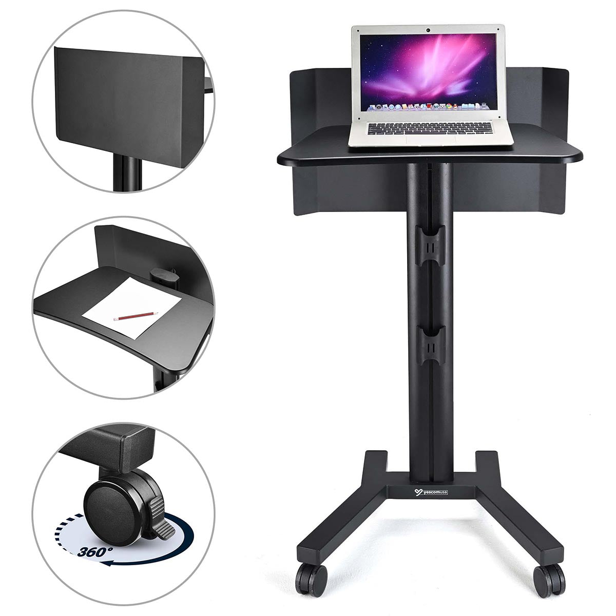 Metal Podium Stand Height Adjustable Rolling Laptop Lectern Black