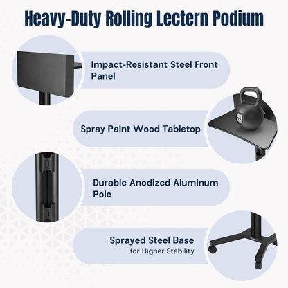 Metal Podium Stand Height Adjustable Rolling Laptop Lectern Black